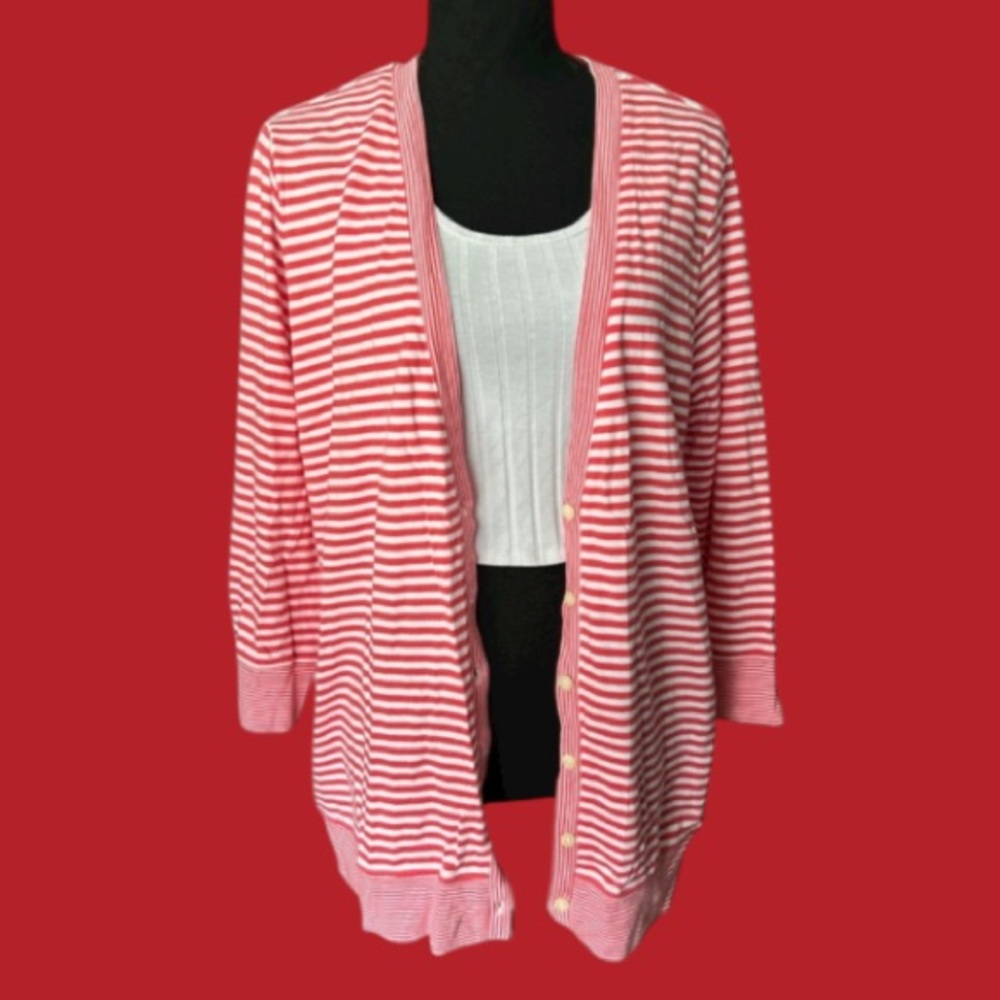 ❤️ LANDS' END! GORGEOUS RED & WHITE NAUTICAL STRIPED LIGHTWEIGHT CARDIE SWEATER!